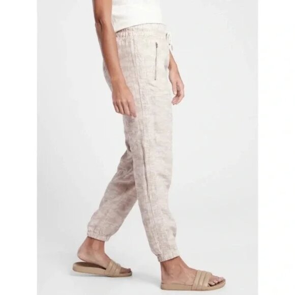 Athleta Cabo Tide Linen Jogger Pant Neutral Camo Beige Sz 2 Coastal Beach Travel - Picture 2 of 13